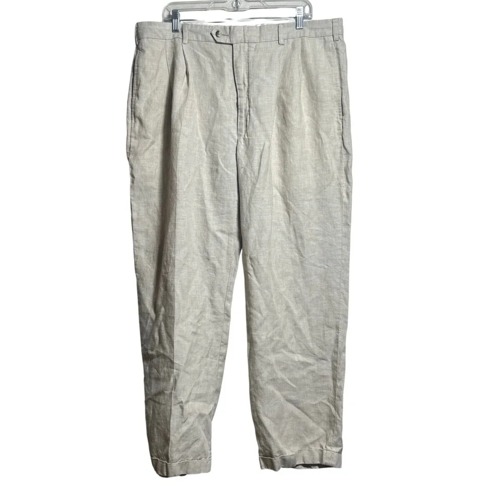 Jos A Bank Travelers Collection 100% Linen Pleated Pants Beige Mens 40x30