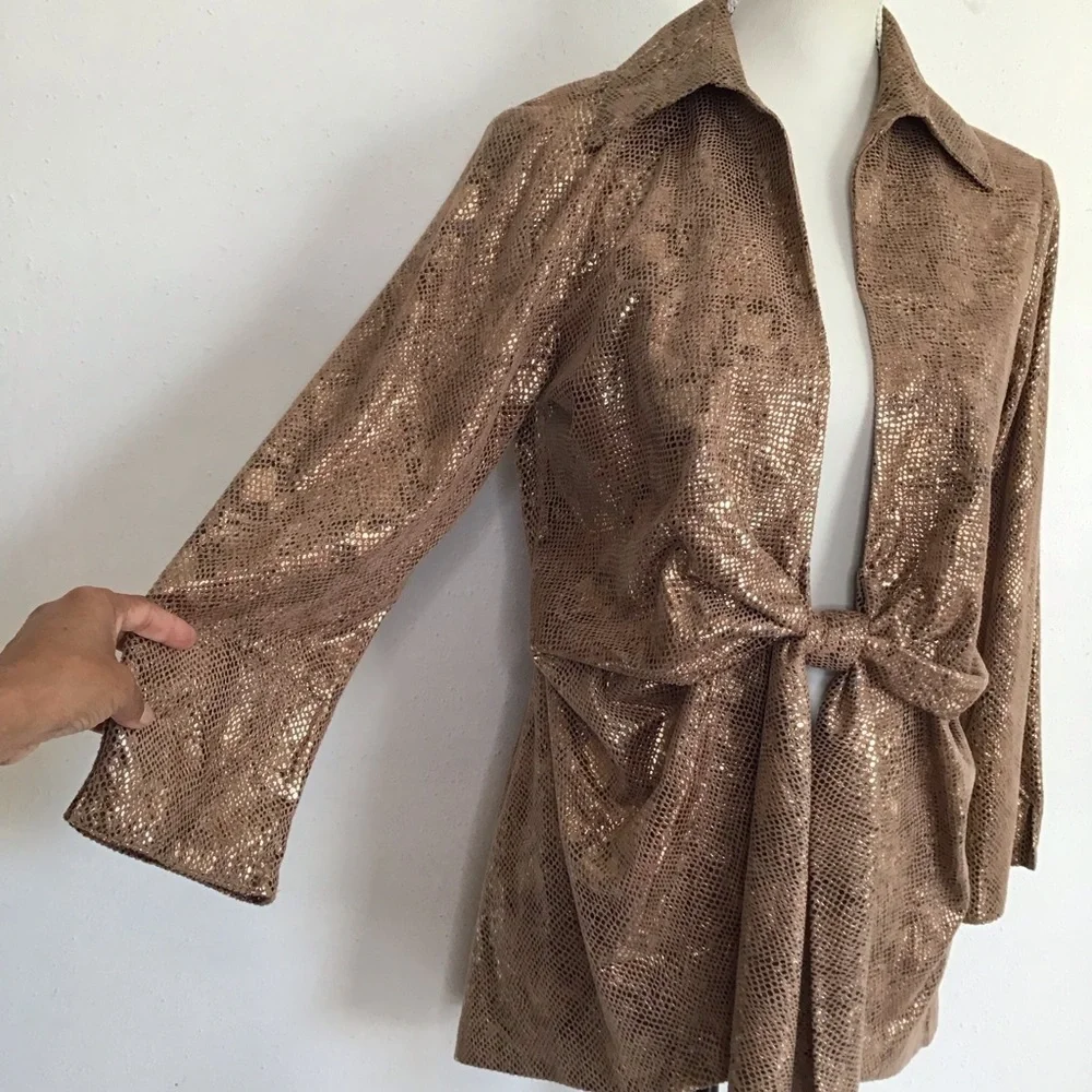 Mishca Elegant Shimmering Rose Gold Women's Tie Front Party Blazer Size M