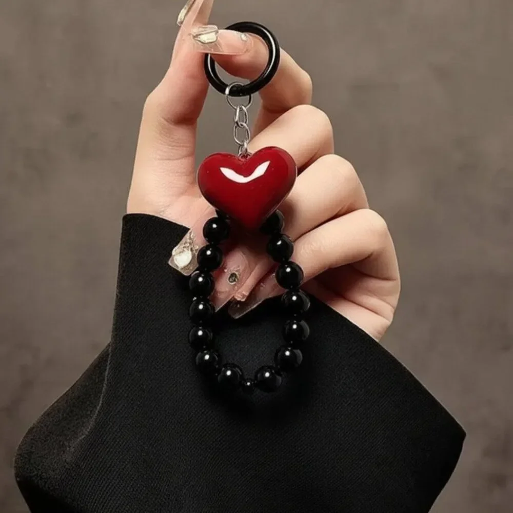 Phone Case Lanyard Red Heart Phone Chain Wrist Strap Black Beads Keyring Plastic