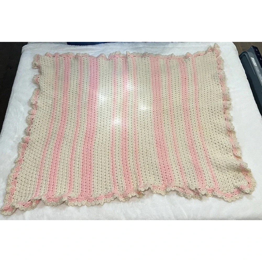 Handmade Crochet Knit Baby Lap‎ Blanket Ivory Pink Cottagecore Granny 41x34