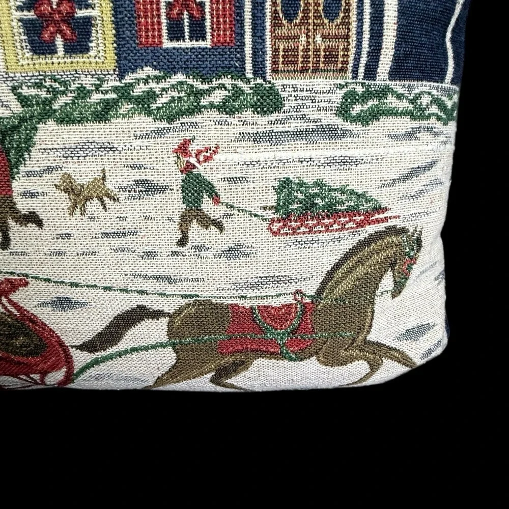 Vtg. Christmas Tapestry throw Pillow Horse Sleigh Winter Scene Holiday Decor 15