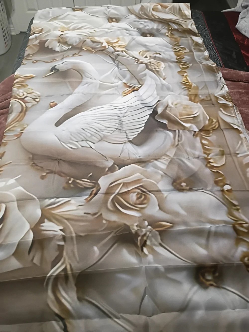 Luxury 2D Swan in Ivory and Gold - Elegant Bathroom Shower Curtain w/Hooks