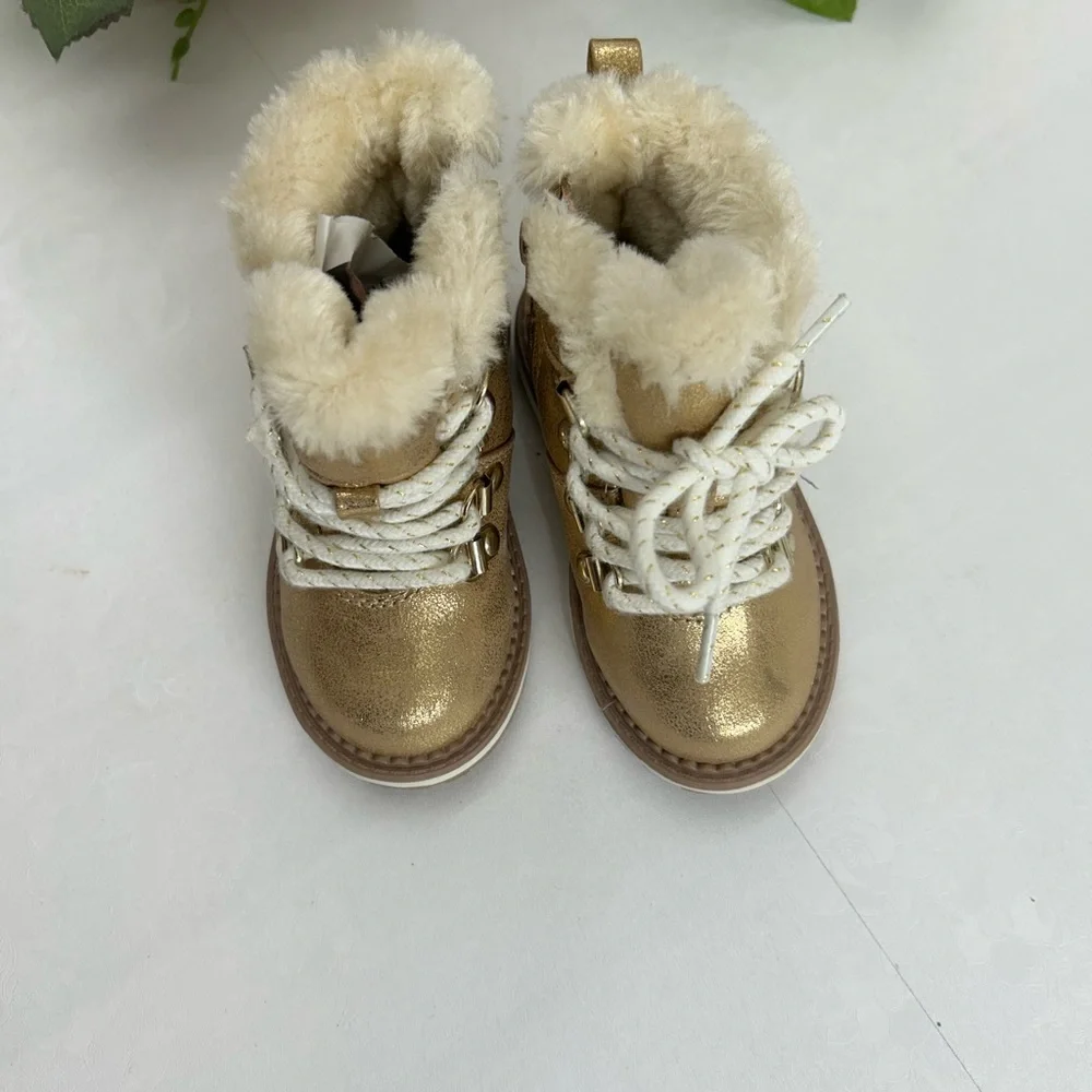 Kids Metallic Gold Faux-Fur Lined Winter Boots