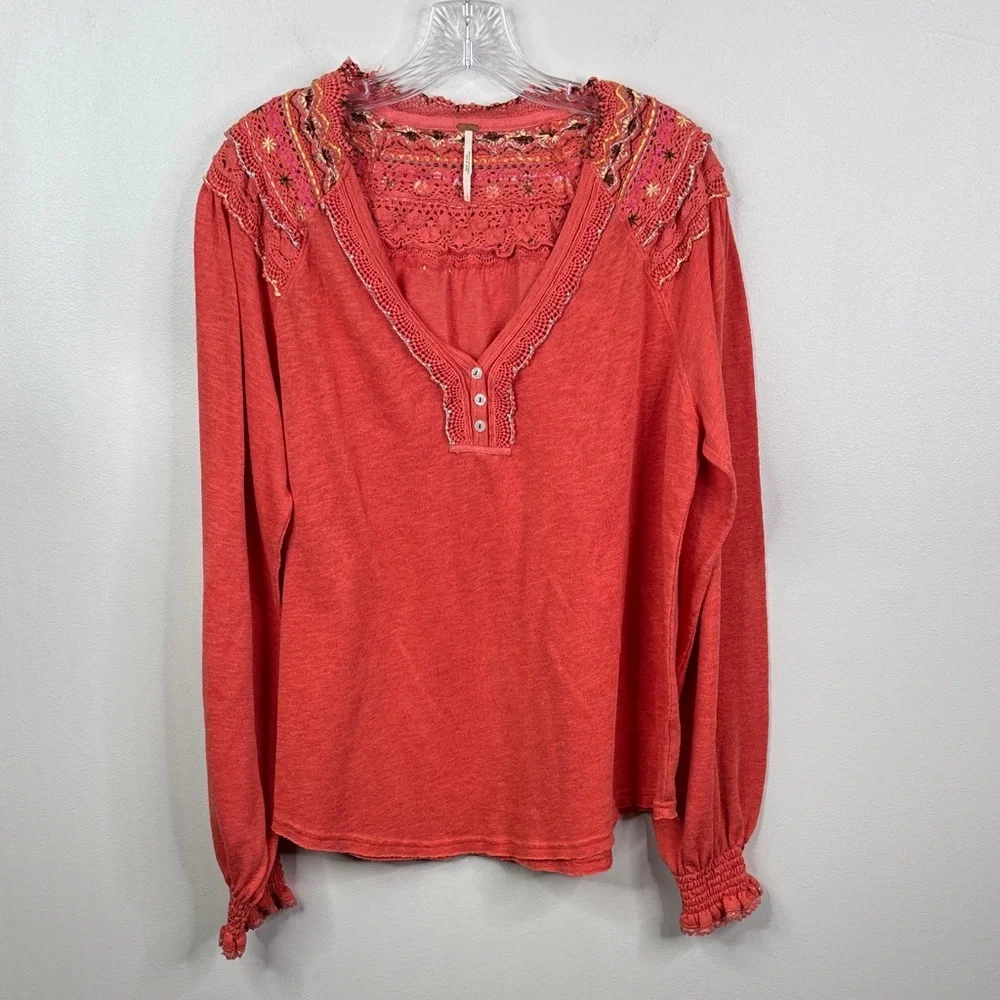Free People Large Coral Pink Embroidered Large Thermal Henley Top We The Free