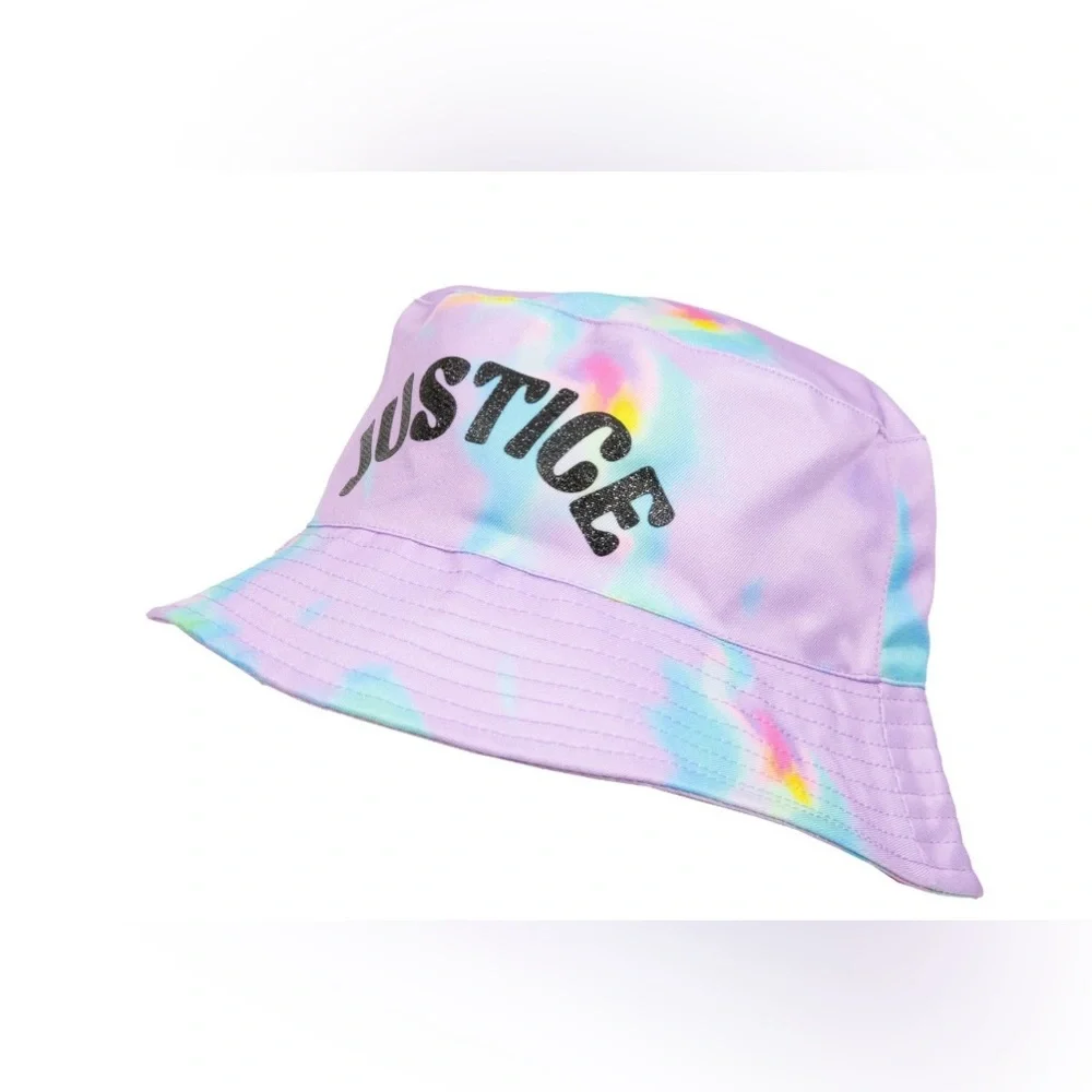 Justice Rainbow Tie Dye Bucket Hat Girls One Size Glitter Logo Pastel NWT