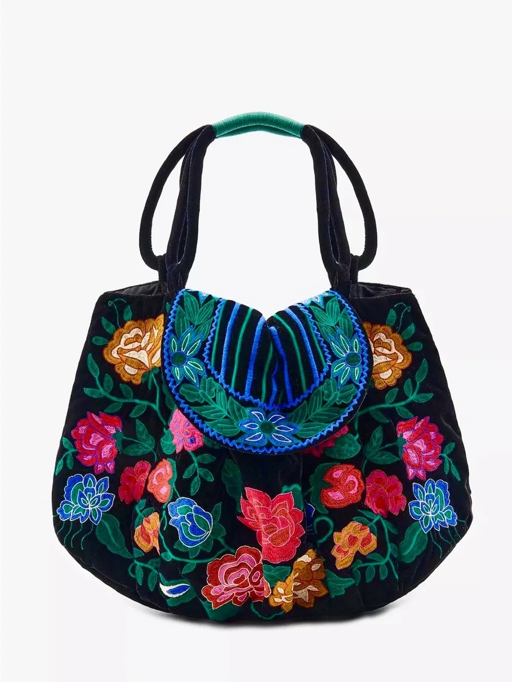 Zara Embroidered Floral Velvet Tote Bag - Black & Multicolor