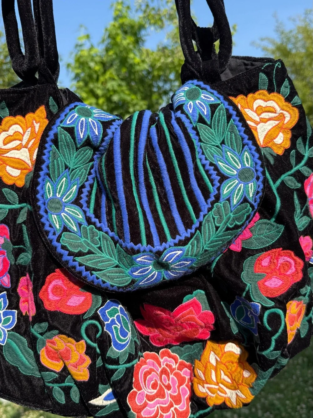 Zara Embroidered Floral Velvet Tote Bag - Black & Multicolor