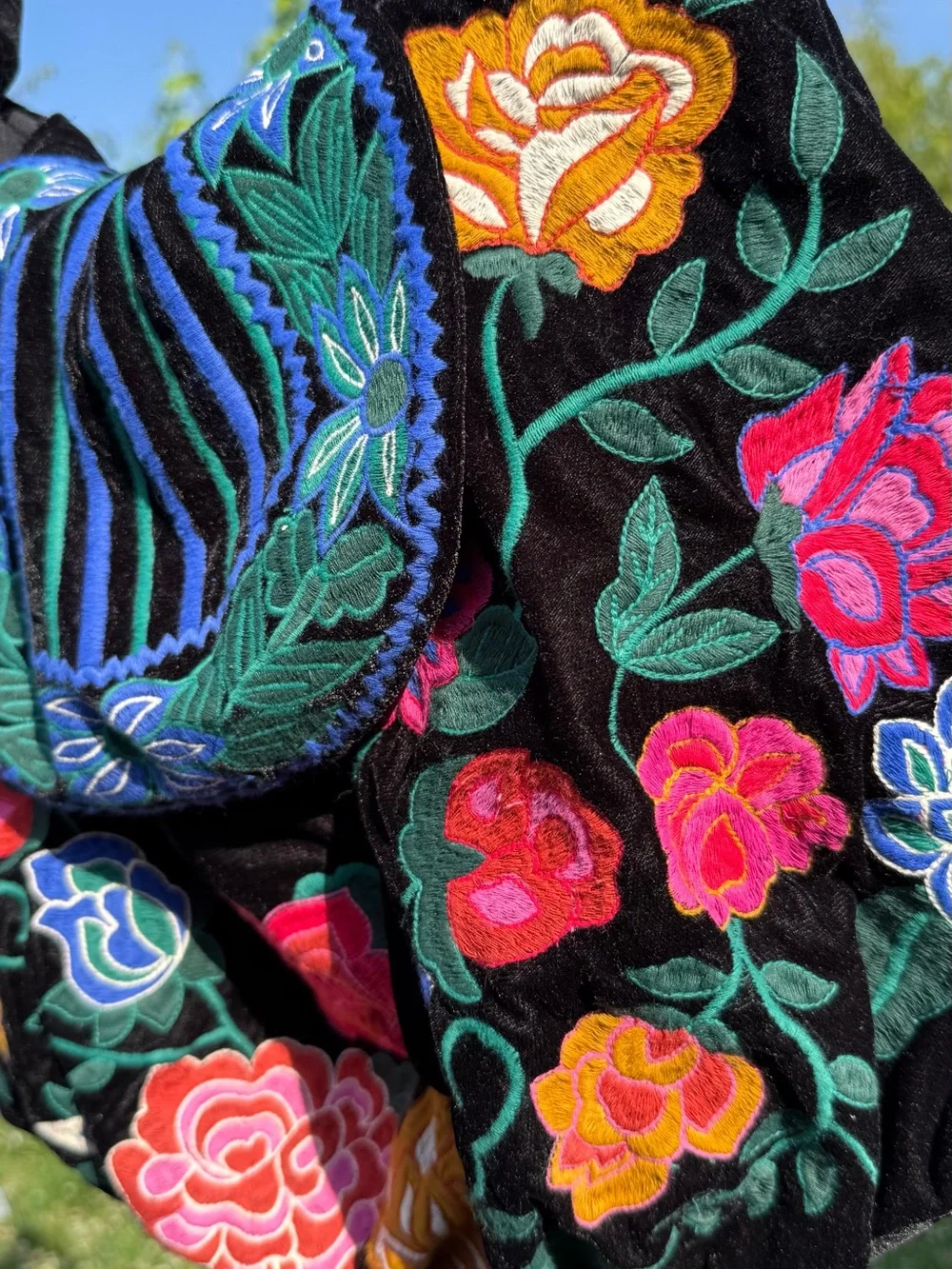 Zara Embroidered Floral Velvet Tote Bag - Black & Multicolor