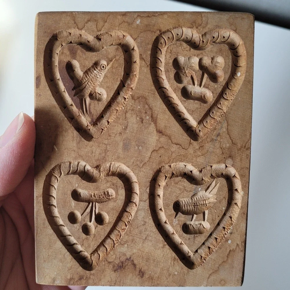 Antique Wooden Springerle Cookie Molds Set of 4 Hand Carved Owl, Rabbit, Hearts