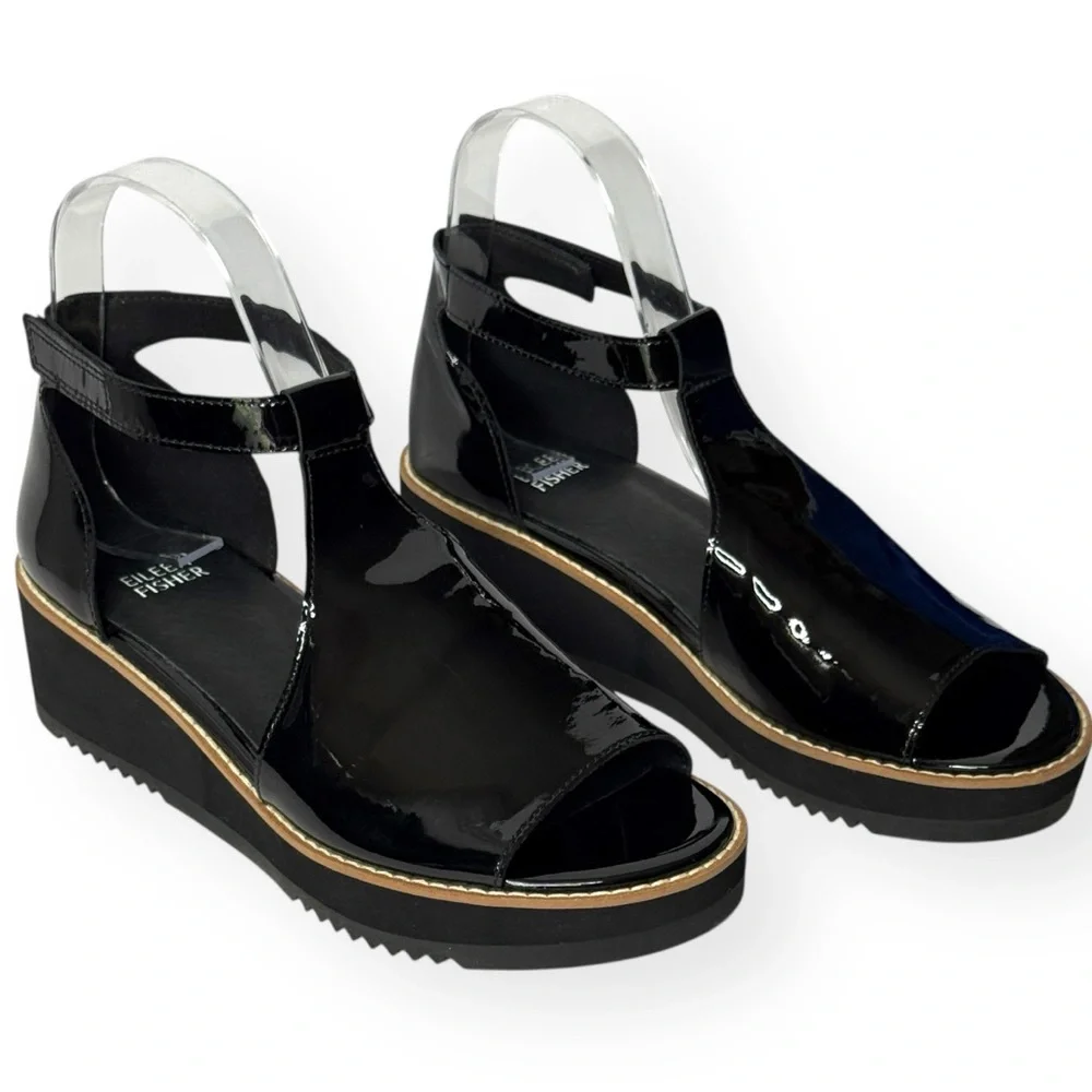 EILEEN FISHER Data Black Patent Ankle‎ Strap Wedge Sandals Size 7