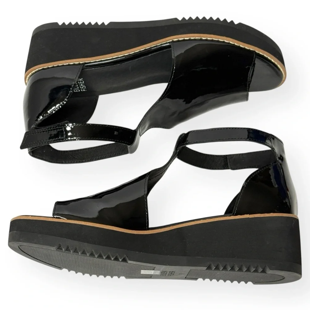 EILEEN FISHER Data Black Patent Ankle‎ Strap Wedge Sandals Size 7