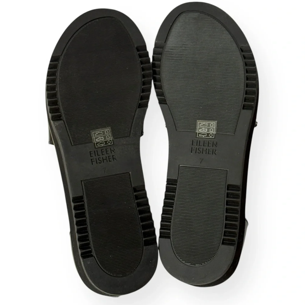 EILEEN FISHER Data Black Patent Ankle‎ Strap Wedge Sandals Size 7