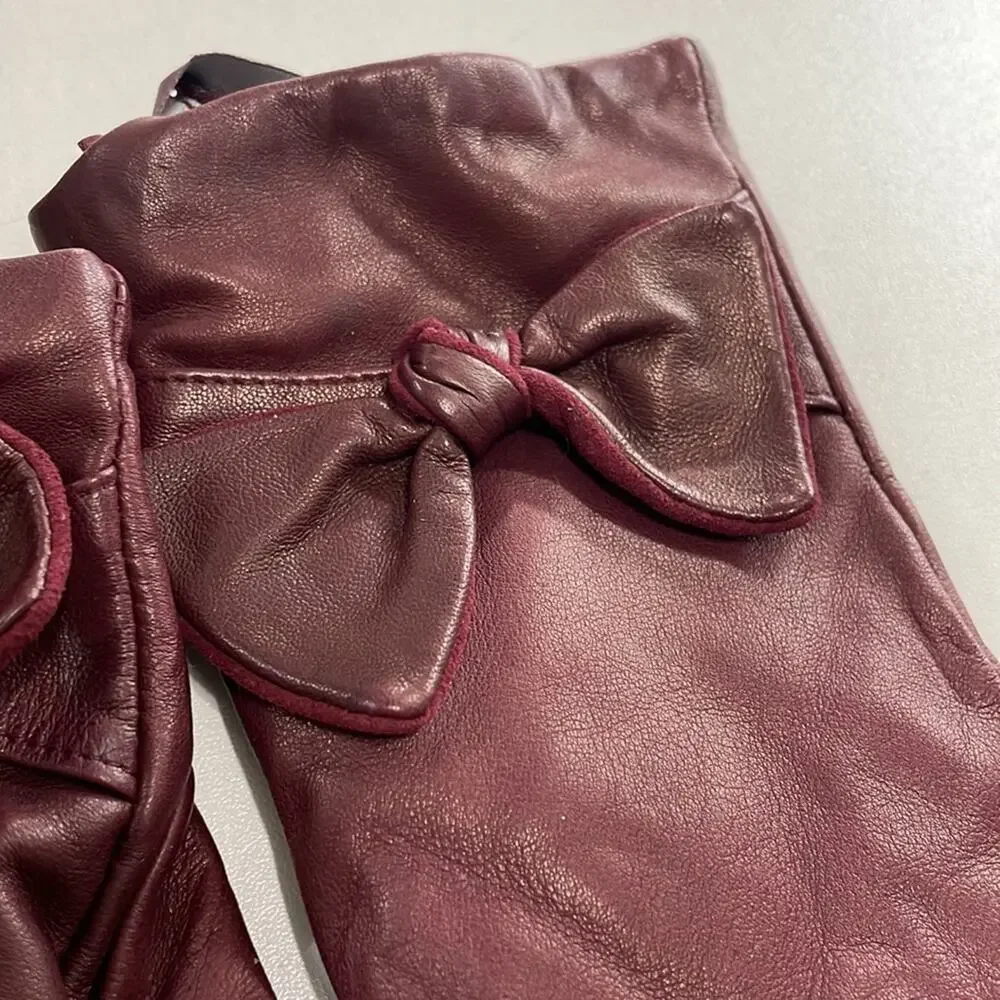 Bruno Magli Cashmere Lined Leather‎ Bow Gloves Burgundy XL Retails: $195