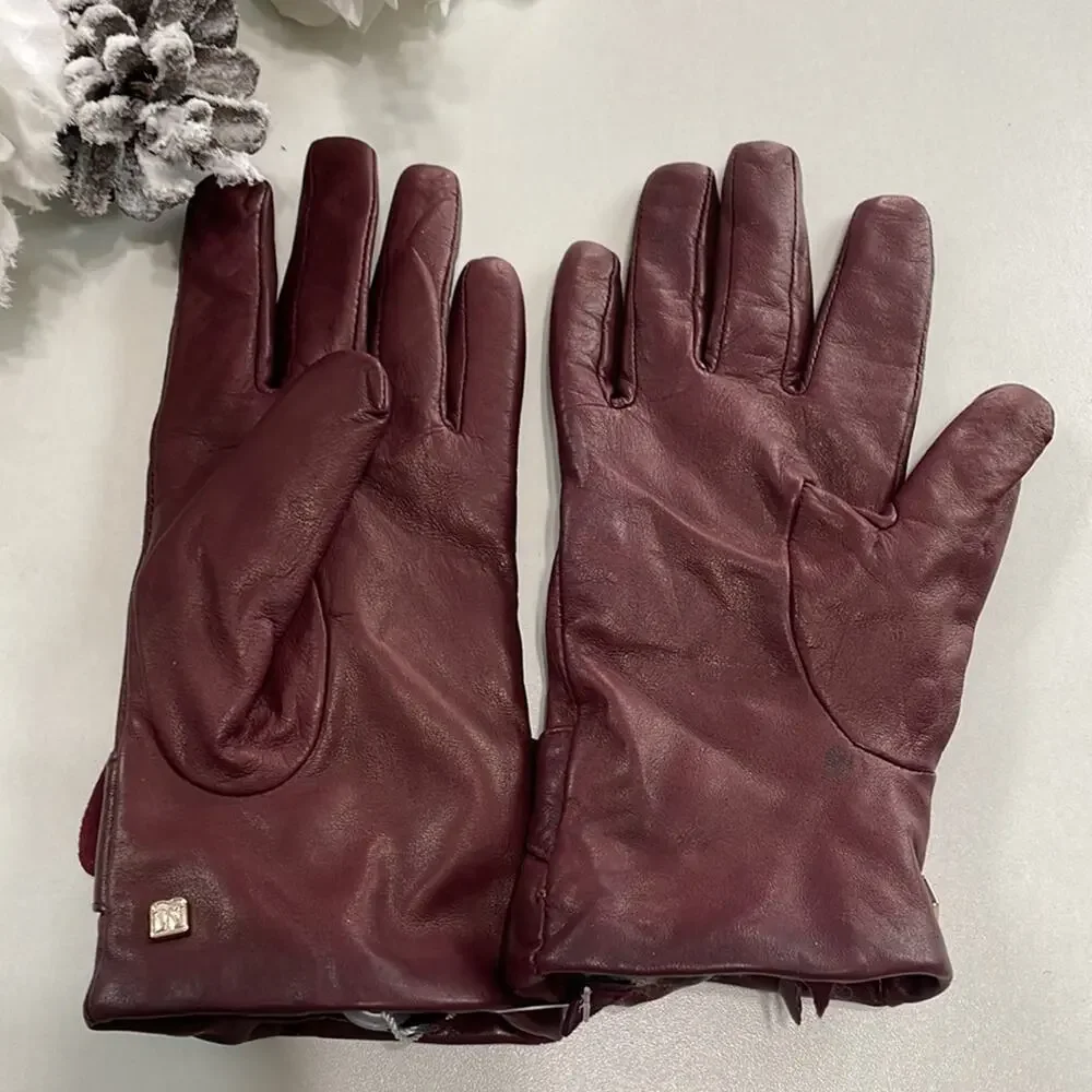 Bruno Magli Cashmere Lined Leather‎ Bow Gloves Burgundy XL Retails: $195