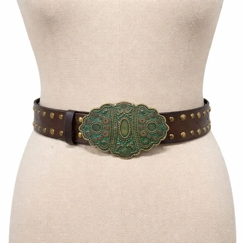 Vintage Brown Leather Studded Belt w/ Green Ornate Buckle | Boho Western
