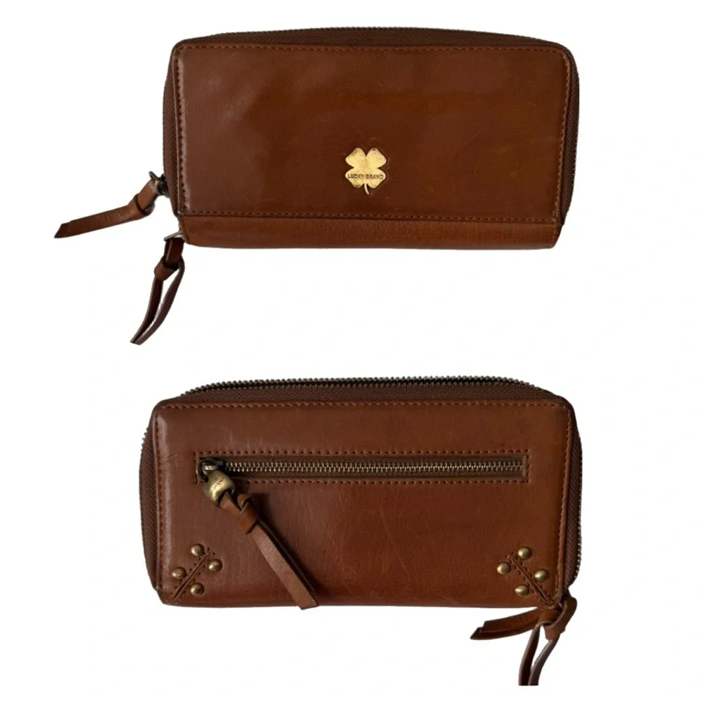 Lucky Brand Double-Zip Rectangle Leather Wallet Clutch Gold Clover Accents Brown