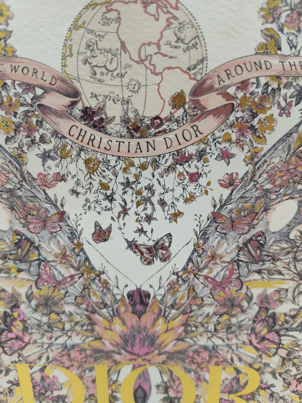 DIOR Butterfly Floral Around The World Gift Bag Gold Star Charm Ribbon PRISTINE