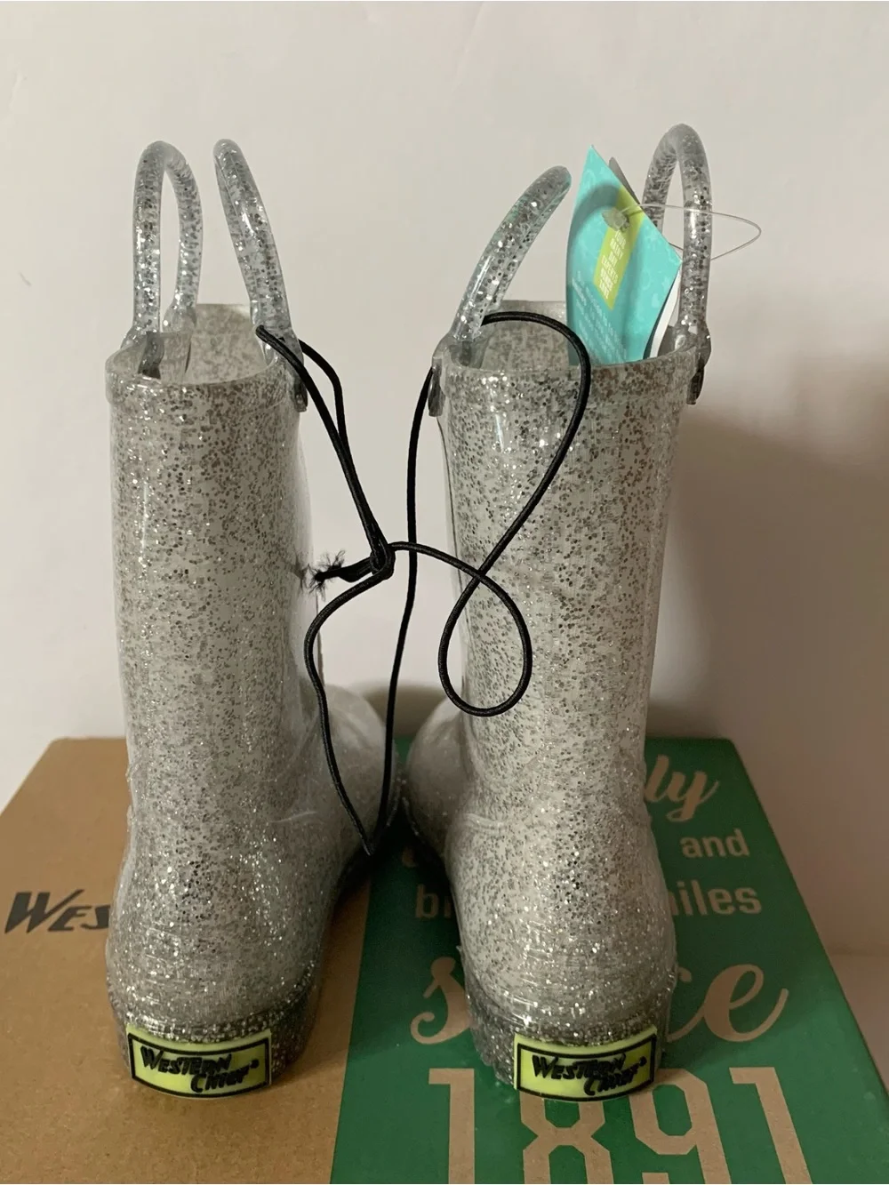 NIB. WESTERN CHIEF Silver Glitter Rain Boot with Dual Pull Handles