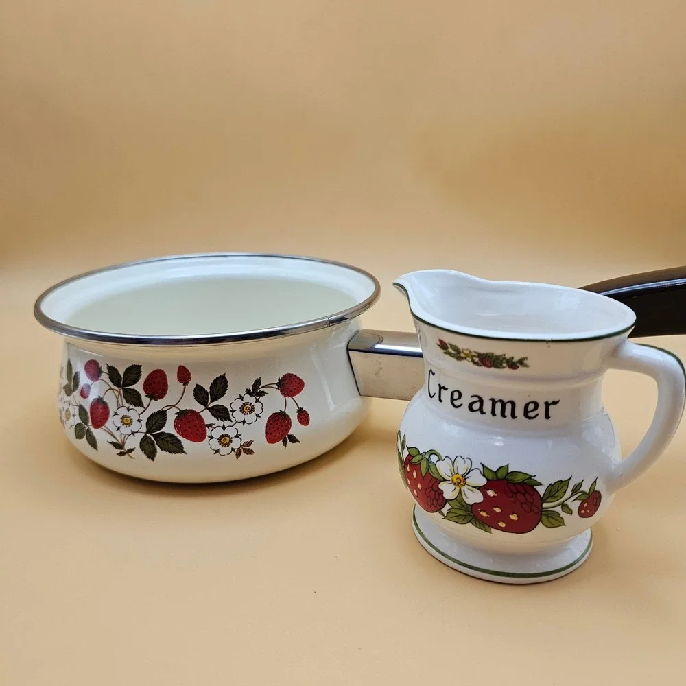 Sheffield Strawberries n‎ Cream Enamel Saucepan Pot with Creamer Pitcher Set