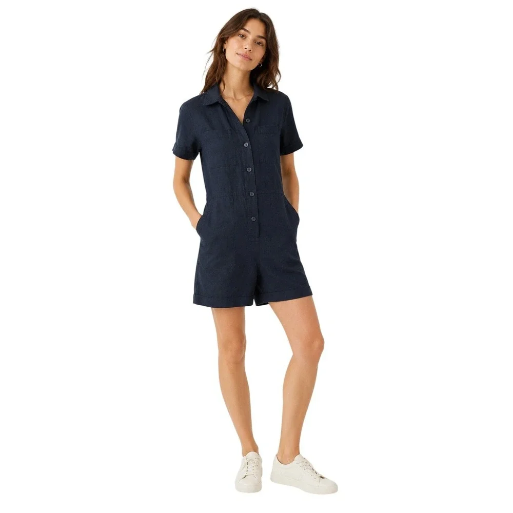 EVERLANE Linen Blend Utility Romper Navy Minimalist Fishermancore preppy 2