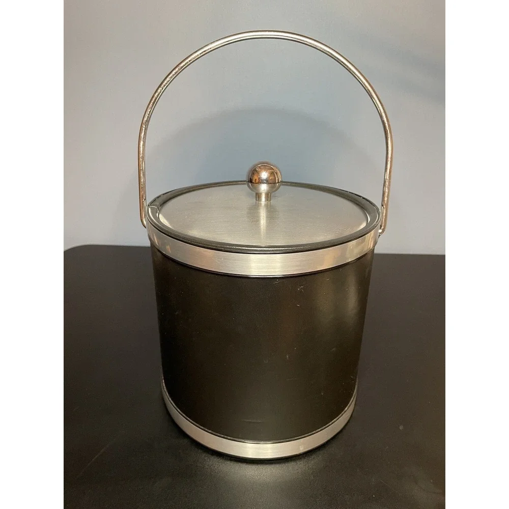 Kraftware Black Faux Leather Chrome Steel Ice Bucket Madmen Bar Cocktails