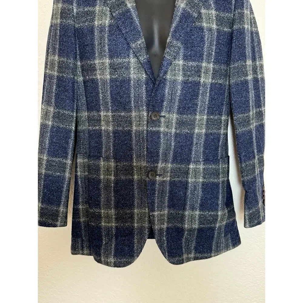 Suitsupply Havana HL C1018I Wool Silk Linen Blazer 36R VBC Windowpane Navy