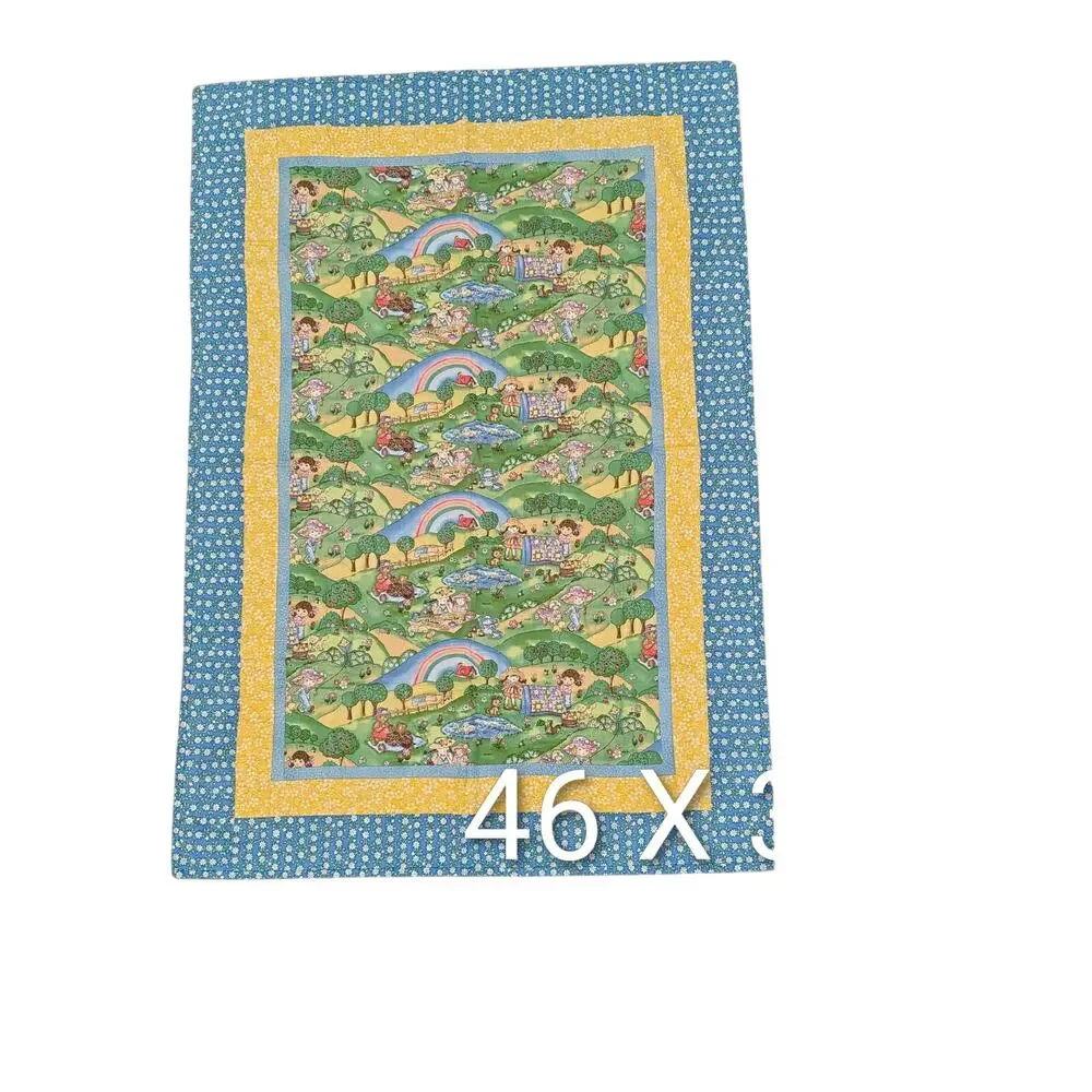 Vintage Yellow Blue Reversible Quilt Baby Blanket 46x32 Animal Picnic Rainbow