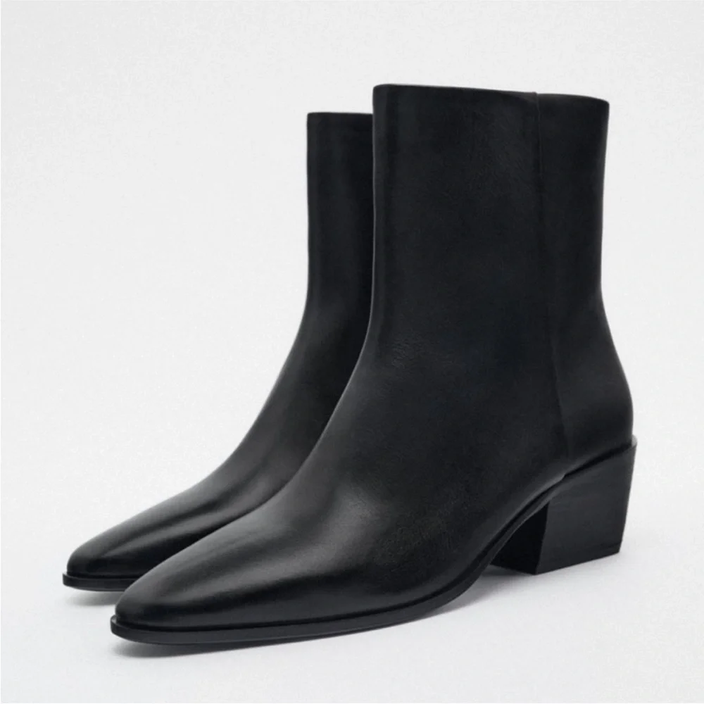 Zara Block Heel Leather Ankle Boots