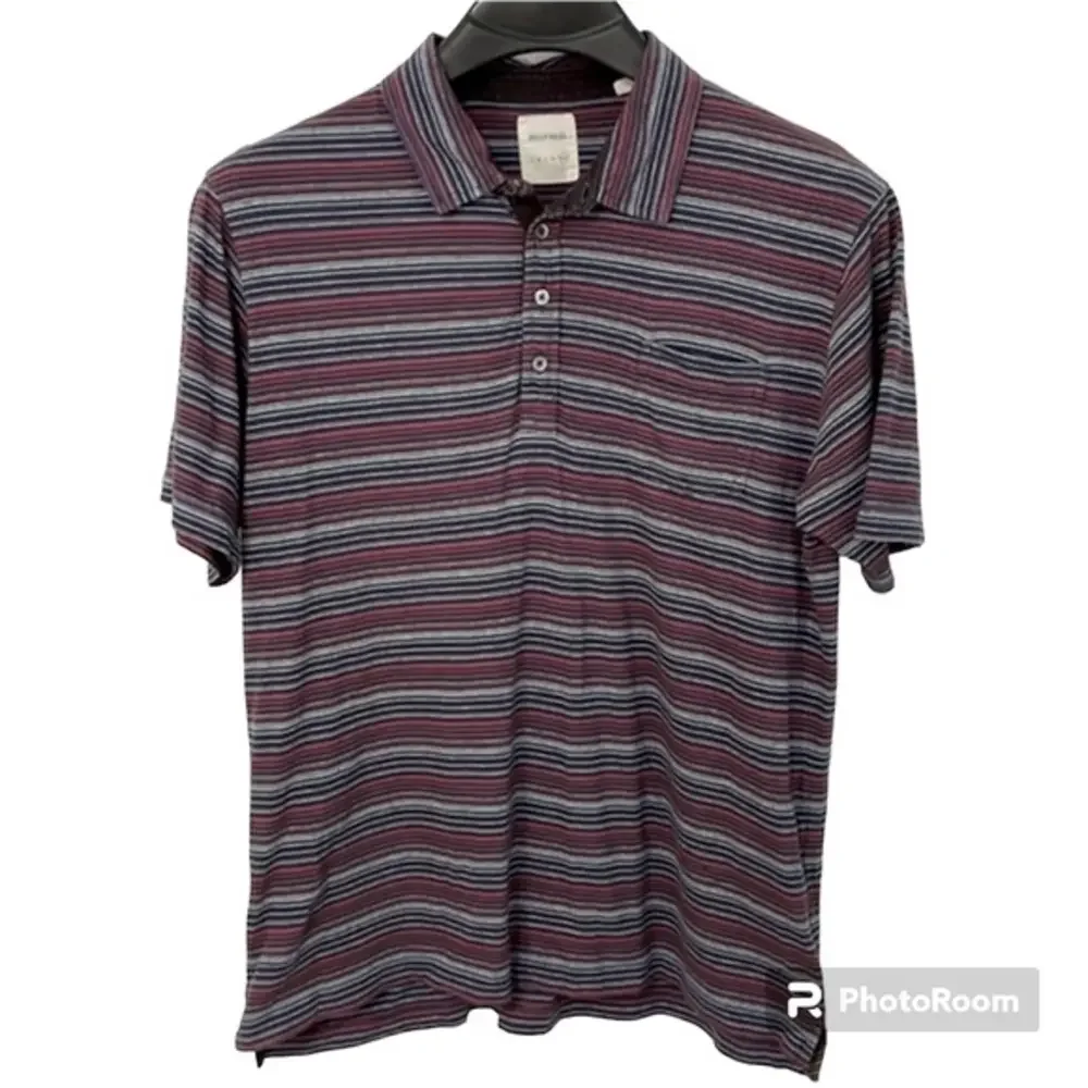 Billy Reid men's XXL red, grey &‎ blue striped short sleeve polo shirt.  EUC
