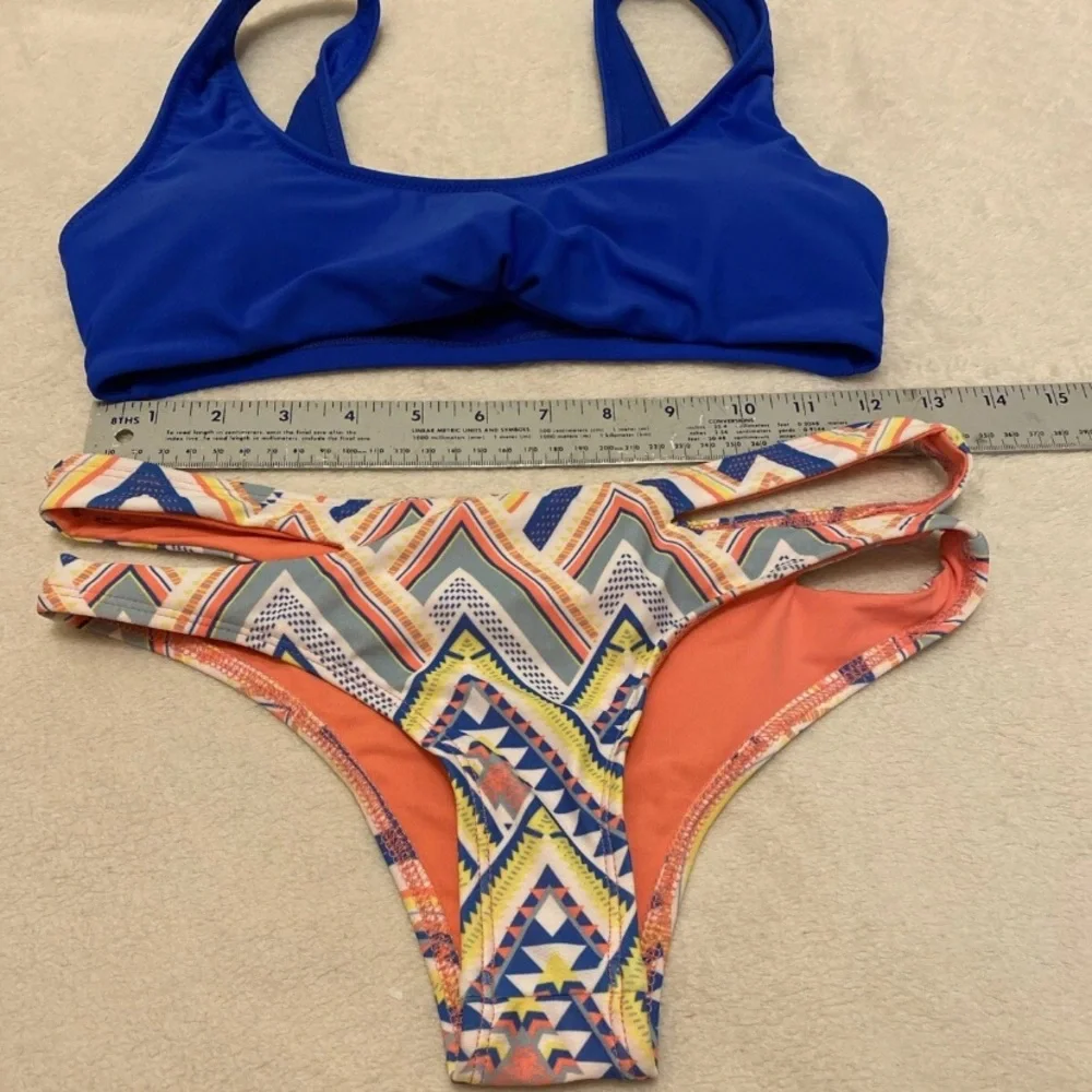 Express Royal Blue Bikini with Multicolor Patterned Bottom