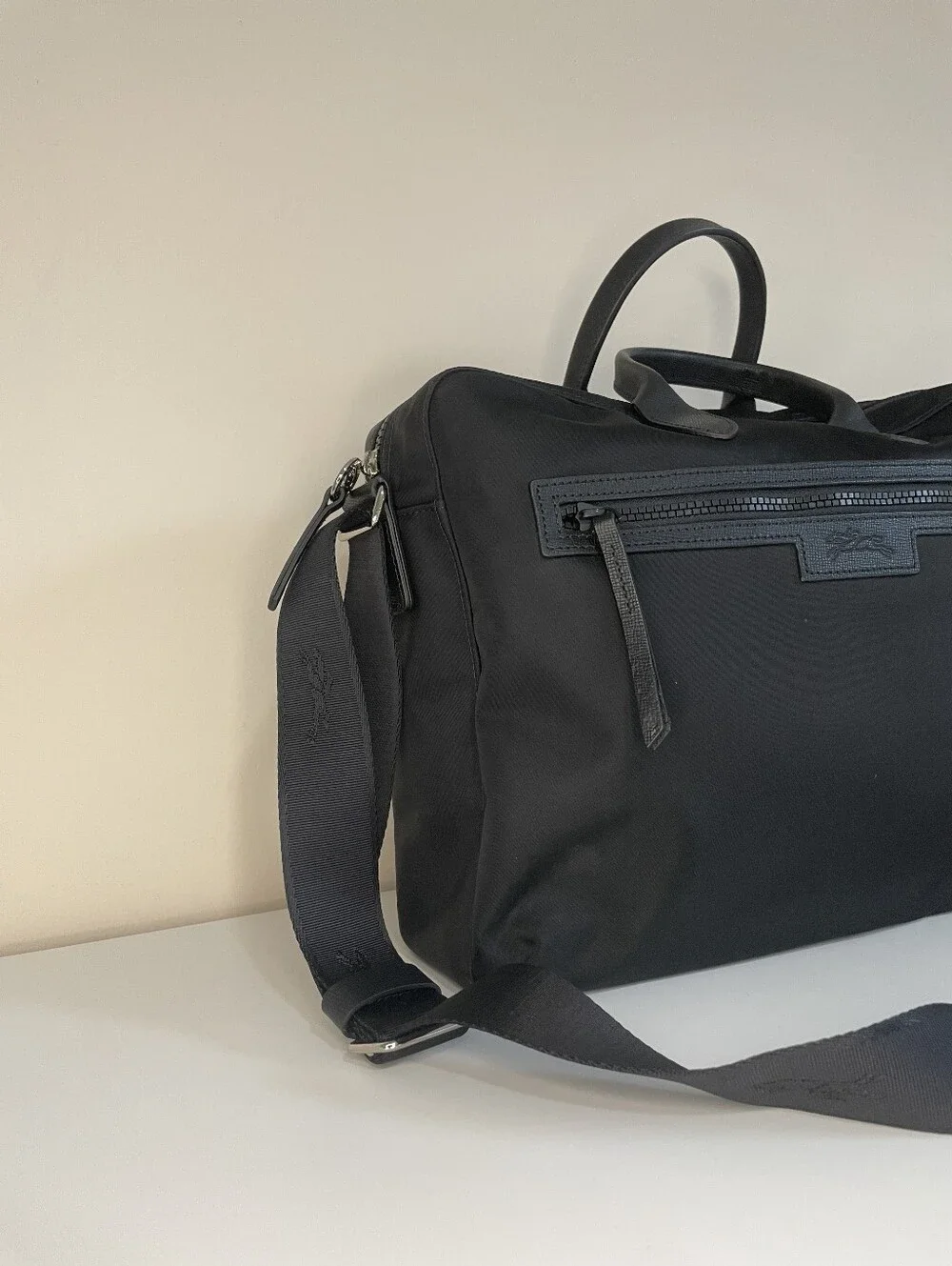 Longchamp Black Cowhide Leather Trim Briefcase with Shoulder Strap