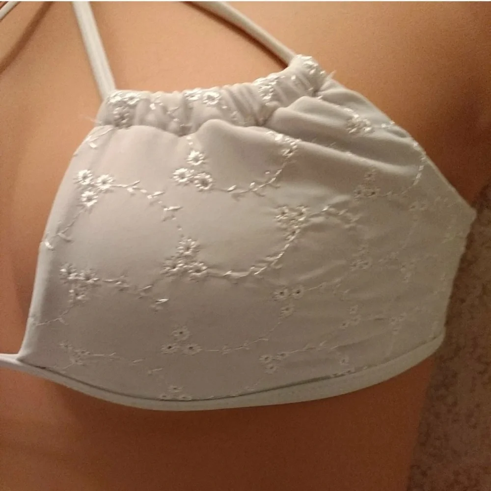 La Hearts White Embroidered Halter Bikini Top
