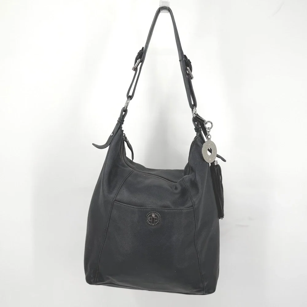 Isaac Mizrahi Hobo Bag Womens Large Black Pebbled Leather Tassel Shoulder Bag