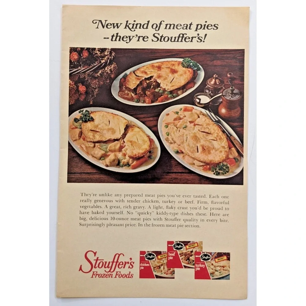 Stouffer's Frozen Foods Vintage 1960s Print Ad Chicken Turkey Beef Meat Pies 8
