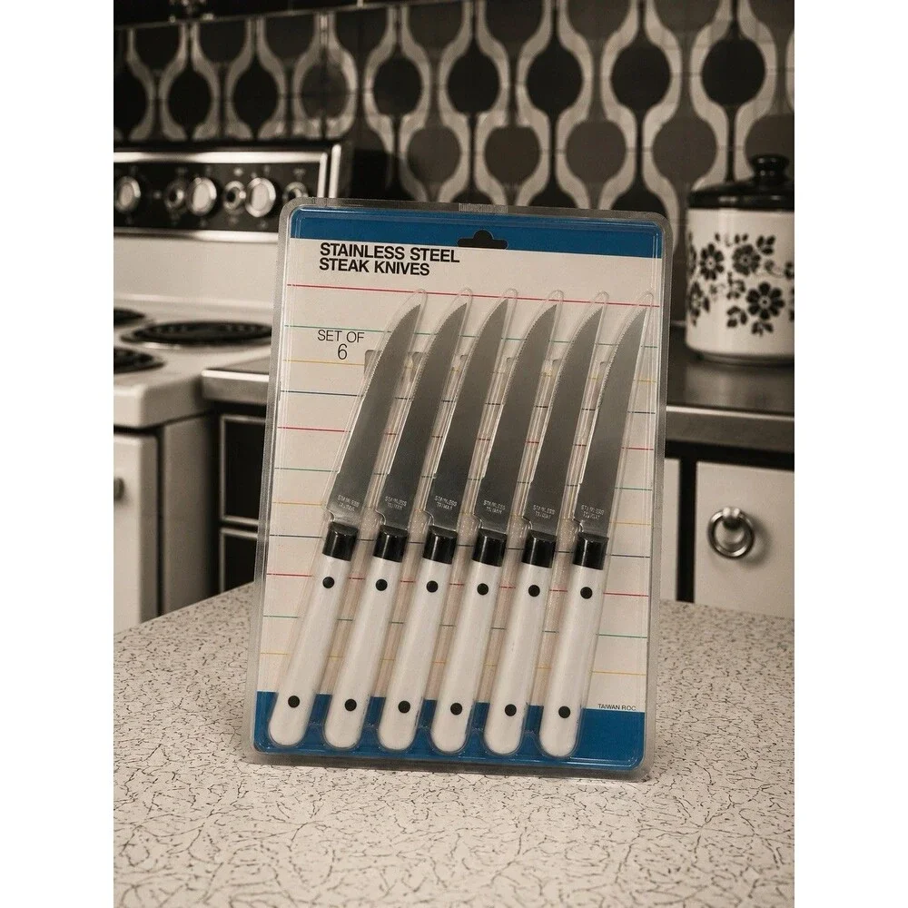 Vintage NOS Stainless Steel Steak Knife Set of 6 White Handles Taiwan ROC Sealed
