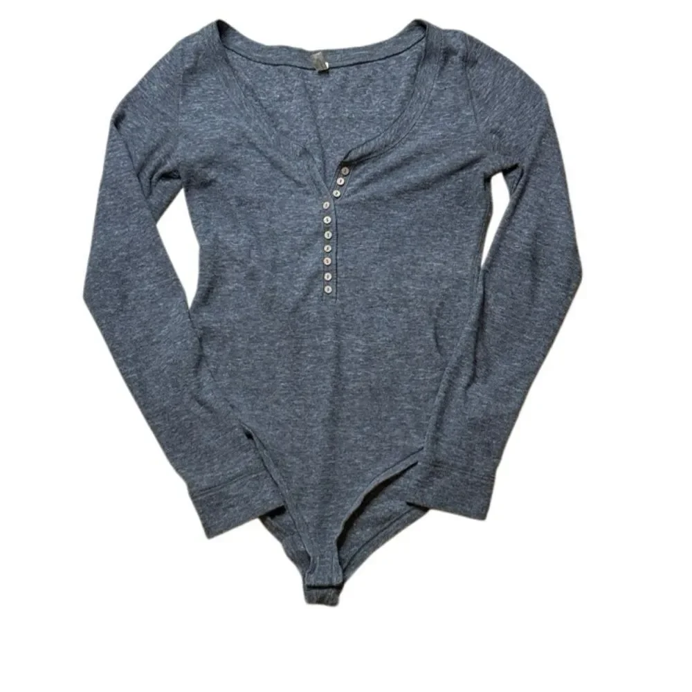 Free People Women's Medium Dylan Waffle Thermal Bodysuit Button Gray