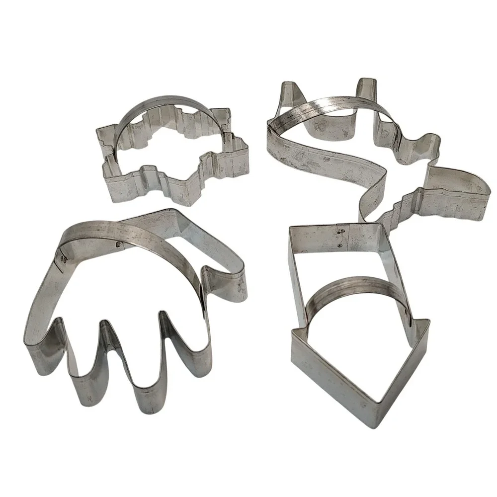 Large Vintage Cookie Cutters Snowflake Moose Hand House with Handles Set of Four