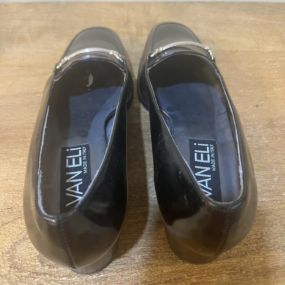 VTG Vaneli Made in Italy Black Patent Horsebit Square Toe Pumps Loafers 7M Y2K