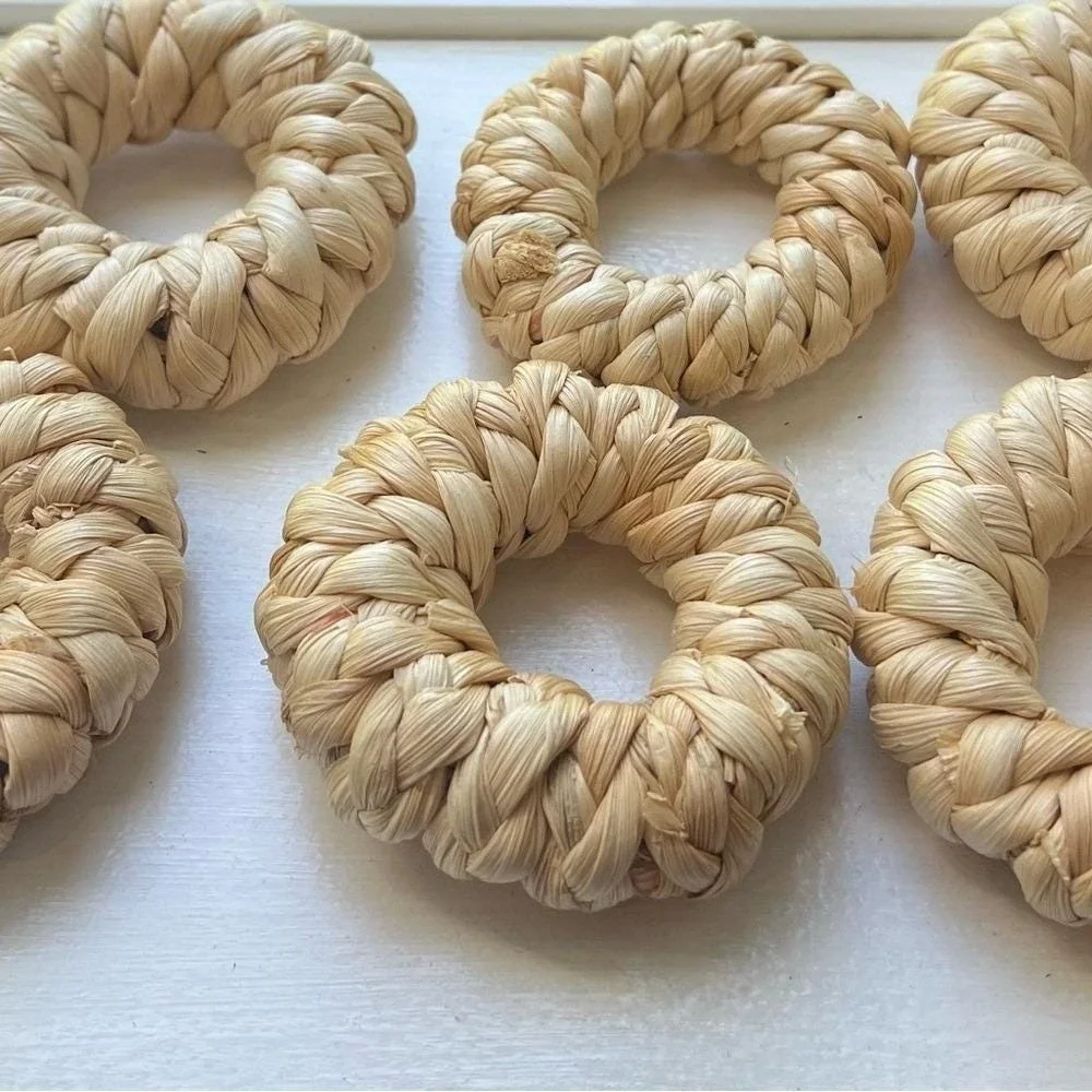 Vintage Natural Tan Corn Husk Woven Napkin Rings Boho Rustic Table Decor Set 6