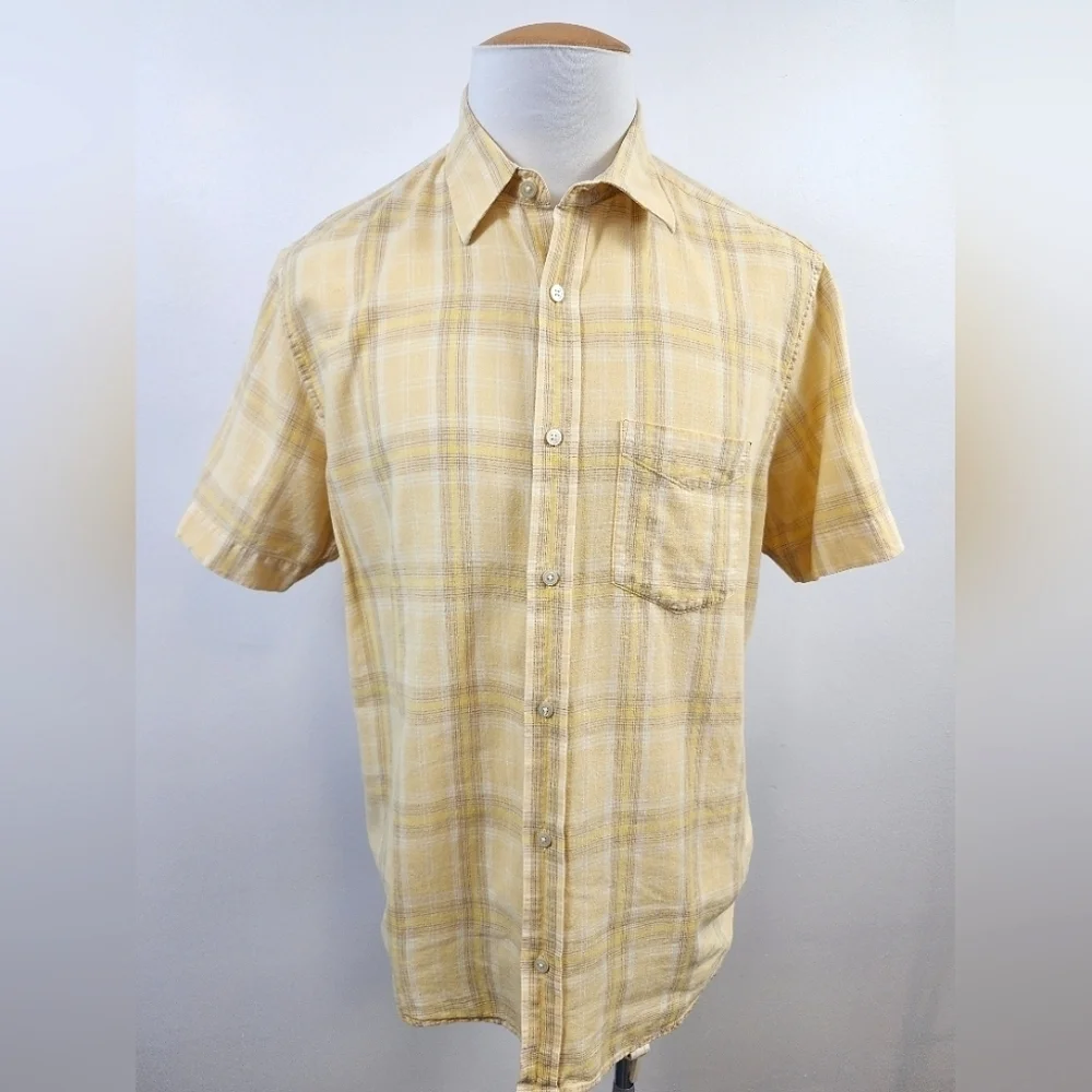 Banana Republic Button Down Shirt Yellow Plaid Short Sleeve Linen Size 16-16.5