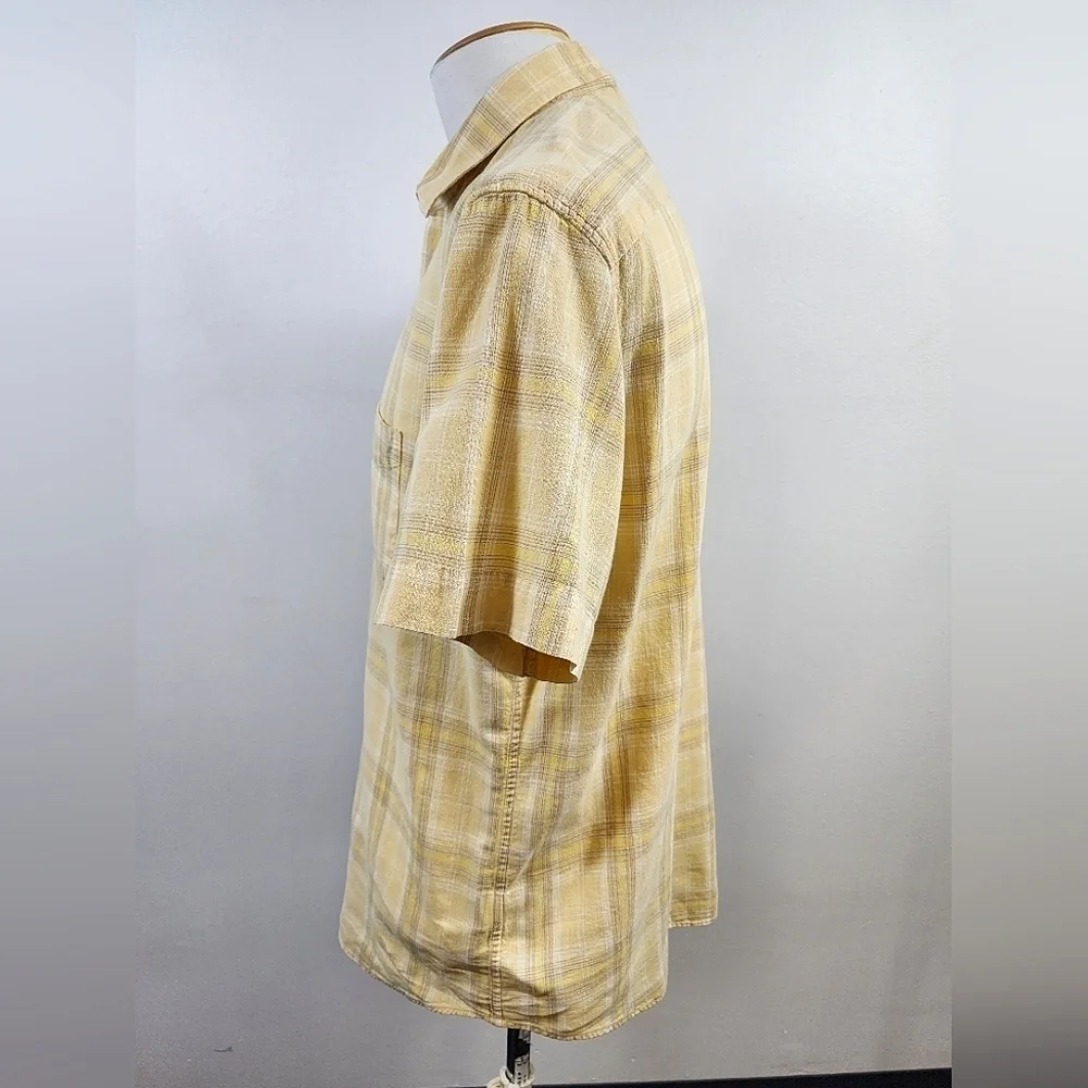 Banana Republic Button Down Shirt Yellow Plaid Short Sleeve Linen Size 16-16.5