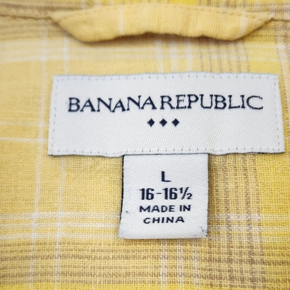 Banana Republic Button Down Shirt Yellow Plaid Short Sleeve Linen Size 16-16.5