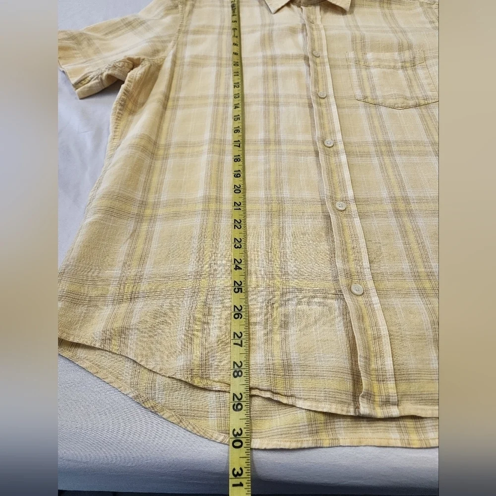 Banana Republic Button Down Shirt Yellow Plaid Short Sleeve Linen Size 16-16.5
