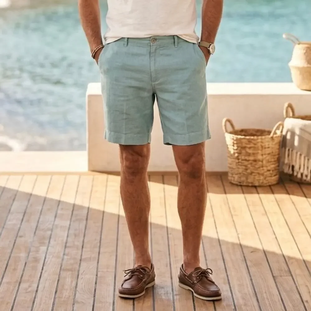 Faherty | Men | Malibu Teal Linen Cotton Blend Flat Front Chino Shorts | Size 40