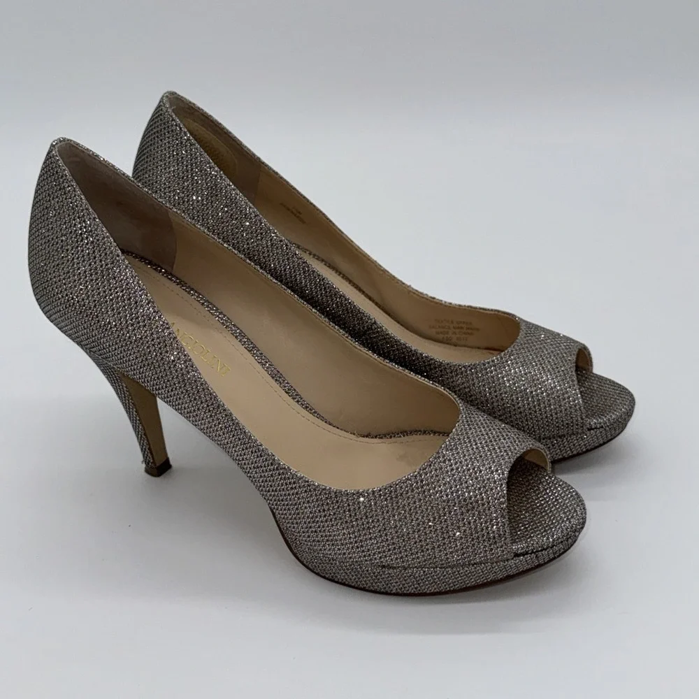 Enzo Angiolini‎ Womens 7.5 Sparkle Open Toe Heels Shoes Silver Gold Bronze