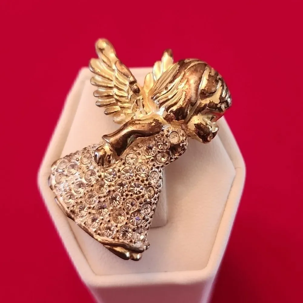 Roman Signed Yellow Gold Tone Crystal Angel Pin Brooch