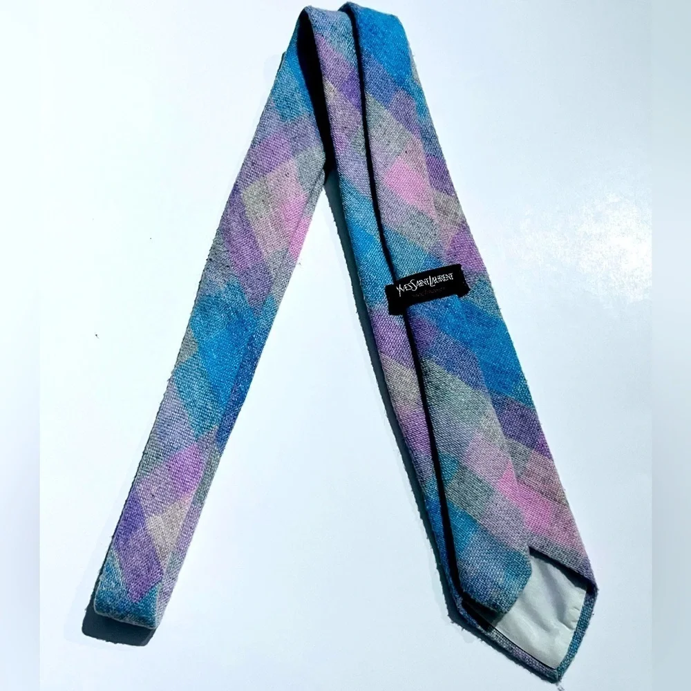 Vintage Yves Saint Laurent Tie Mens Plaid Wool Blend Heather Mist 90s Multicolor