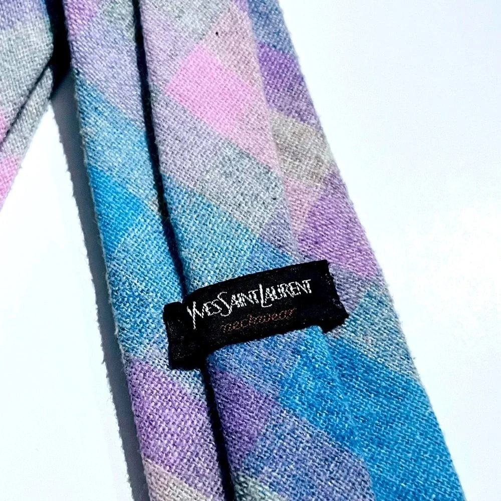 Vintage Yves Saint Laurent Tie Mens Plaid Wool Blend Heather Mist 90s Multicolor
