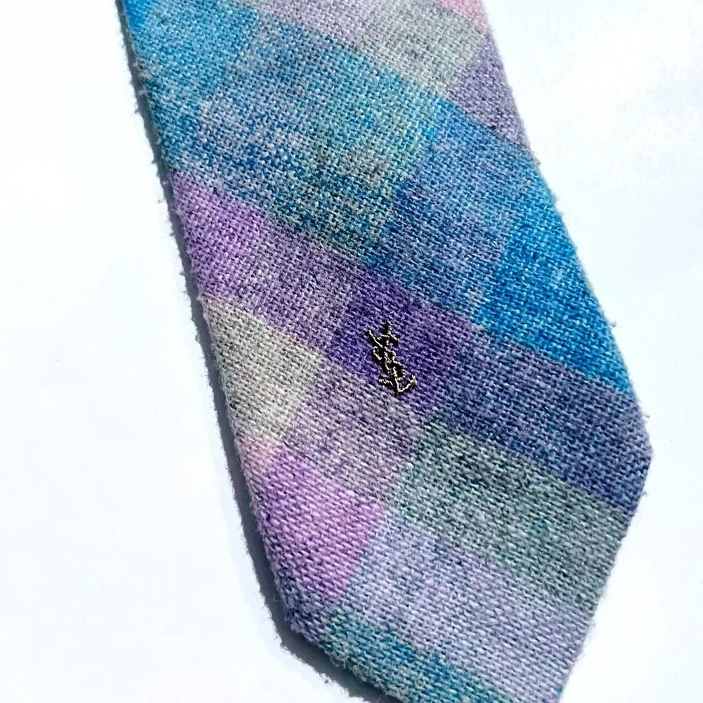 Vintage Yves Saint Laurent Tie Mens Plaid Wool Blend Heather Mist 90s Multicolor