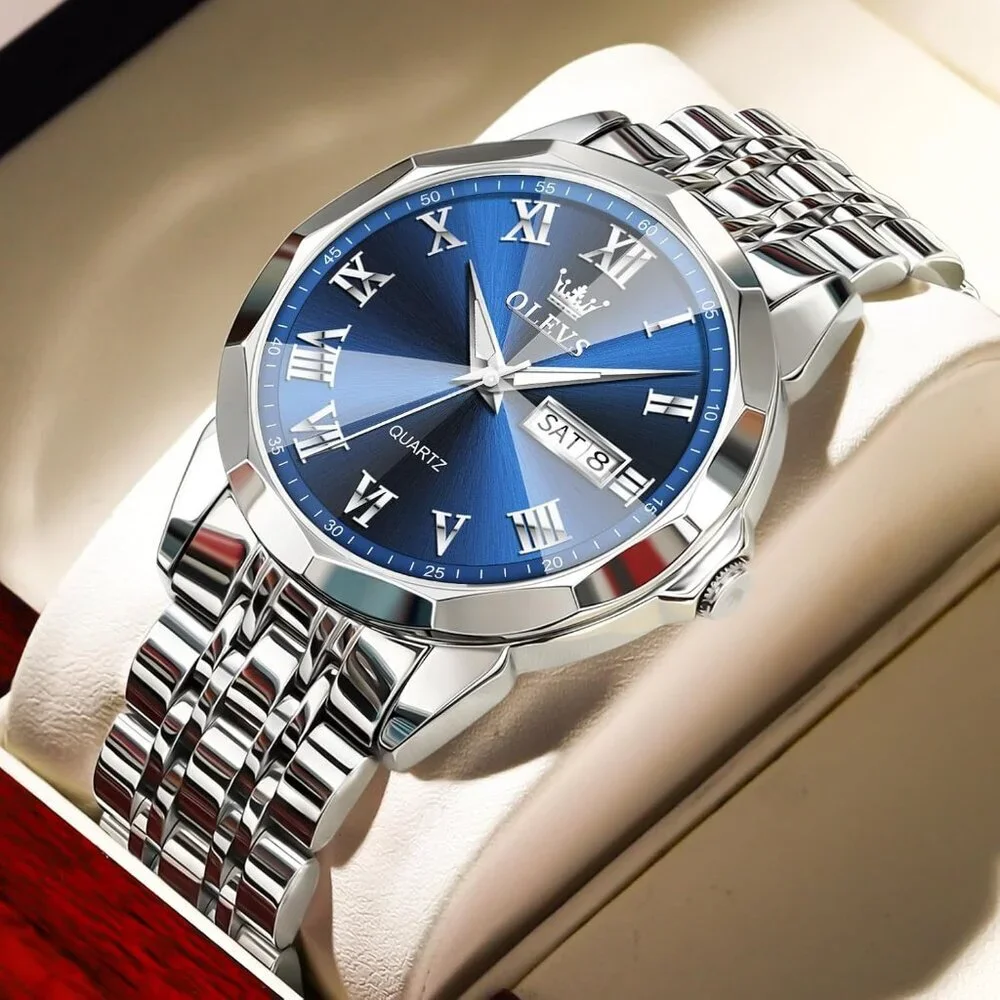 Olevs Men's Silver Blue Steel Stain Waterproof Stainless Luminous Stylish Watch